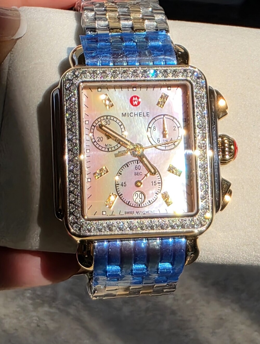💎 Michele Diamond Deco Two-Tone Silver and Gold Bracelet Watch with Pink MOP 💎